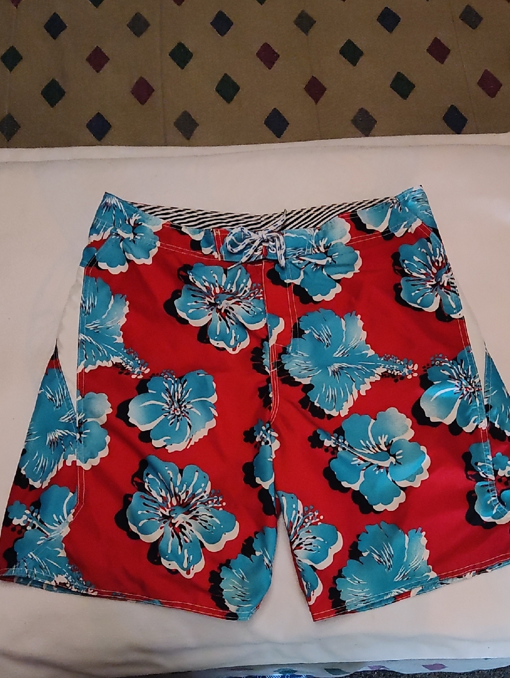 Joe Boxer Red Floral Swim Shorts with Blue Hibiscus